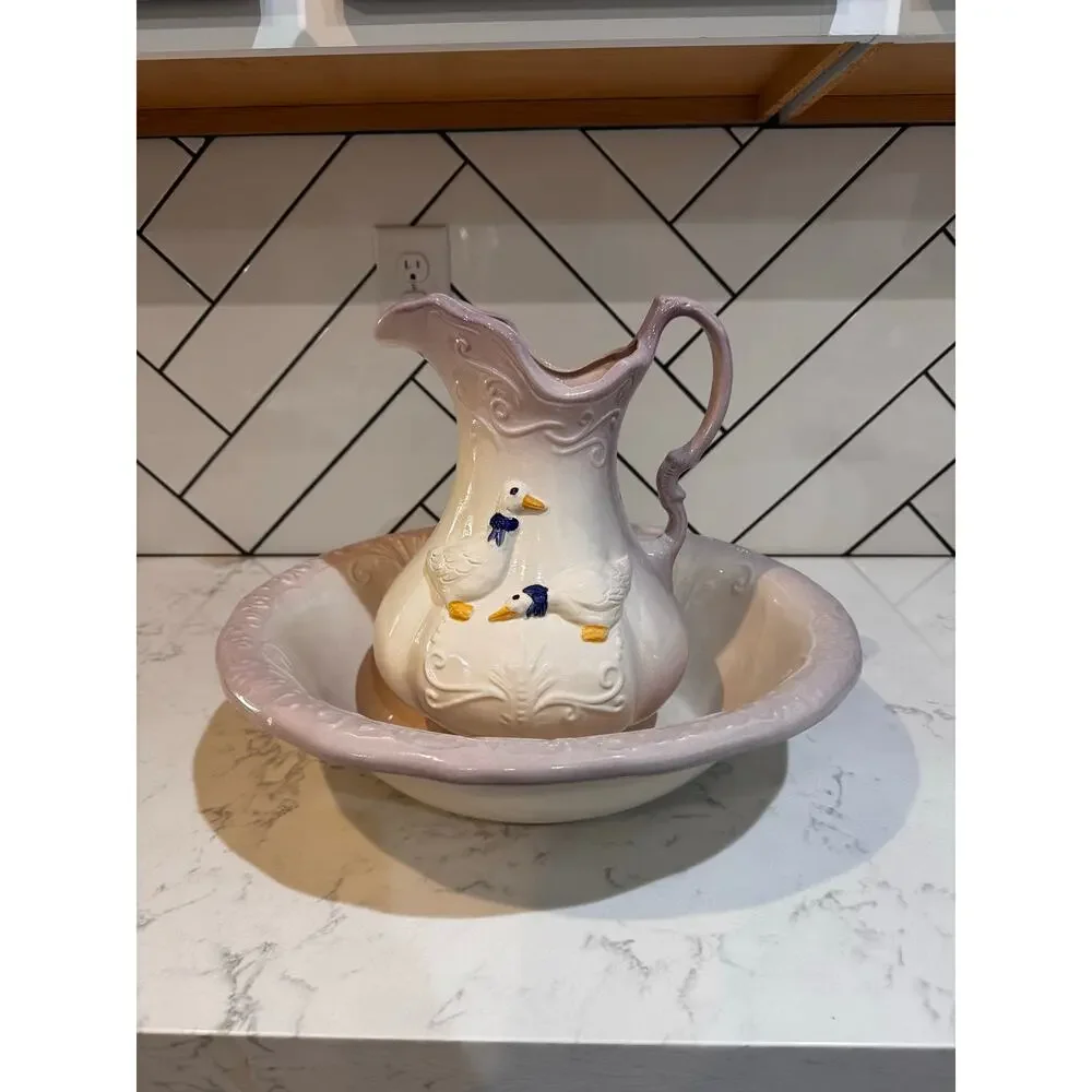 Ceramic goose pitcher & basin embossed geese floral scrollwork purple ombre rim